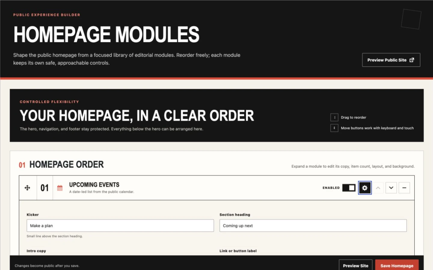 Scene Relay homepage module builder with sortable content sections and expanded module settings.